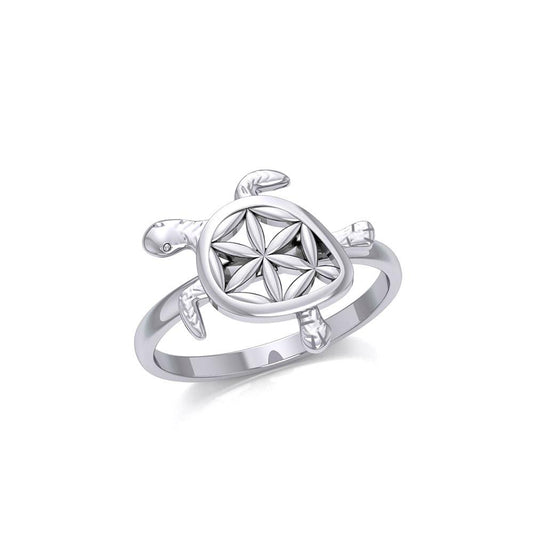 Swimming Turtle with Flower of Life Shell Silver Ring TRI1895 - Peter Stone Wholesale
