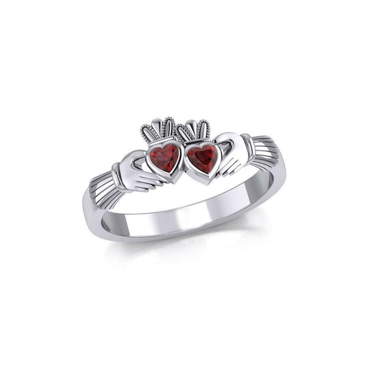 Irish Double Claddagh Silver Ring with Gemstone TRI1900 Ring