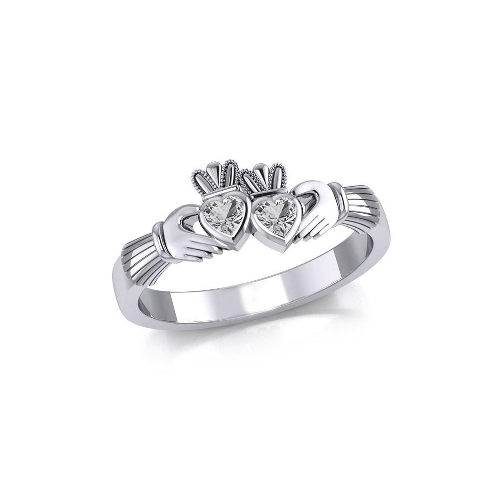 Irish Double Claddagh Silver Ring with Gemstone TRI1900 Ring