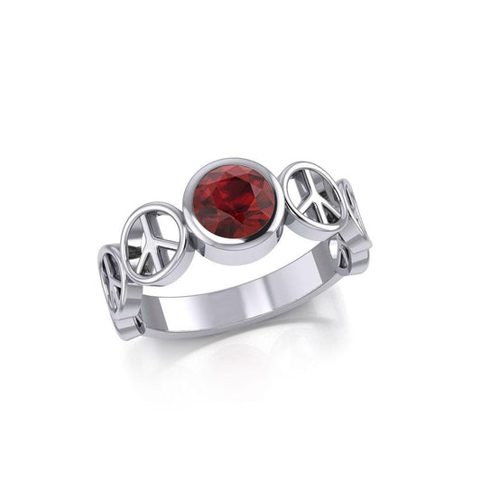 Peace Symbol Silver Band Ring With Gemstone TRI1916 Ring