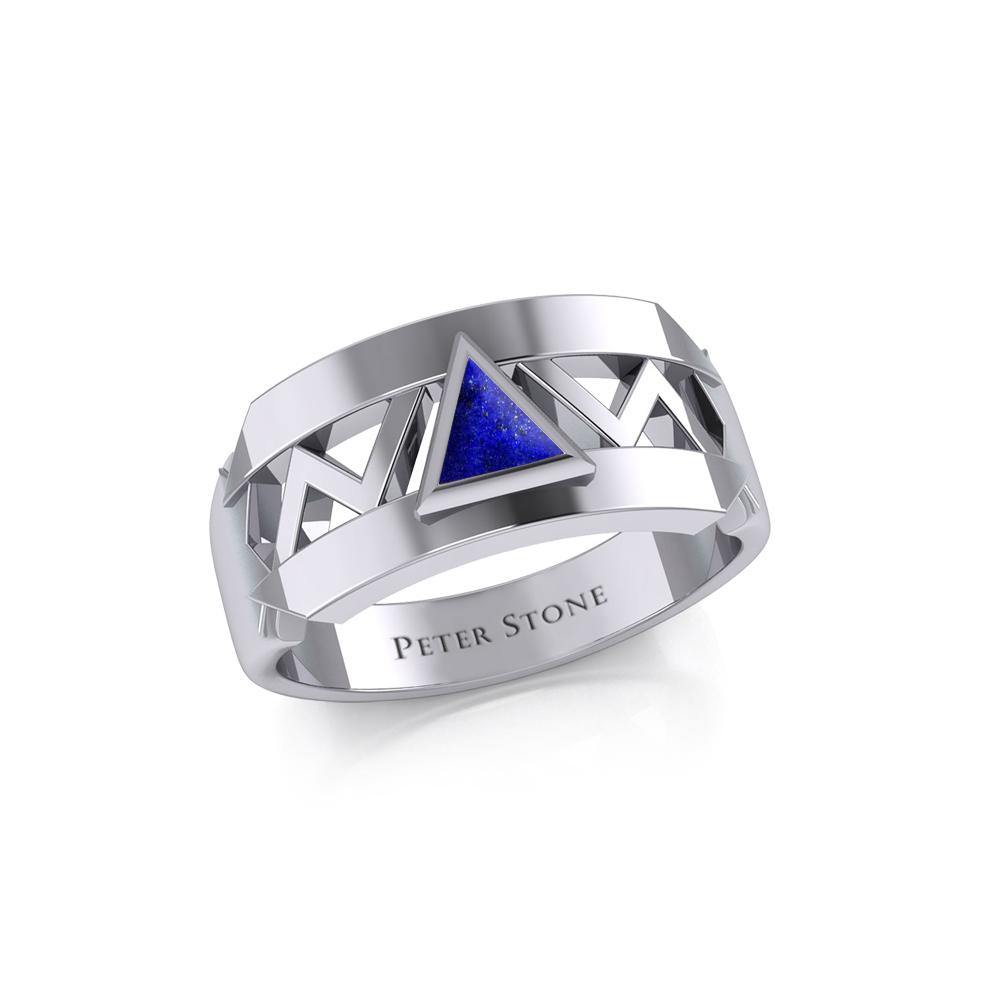 Silver Modern Band Ring with Inlaid Recovery Symbol TRI1929 Ring