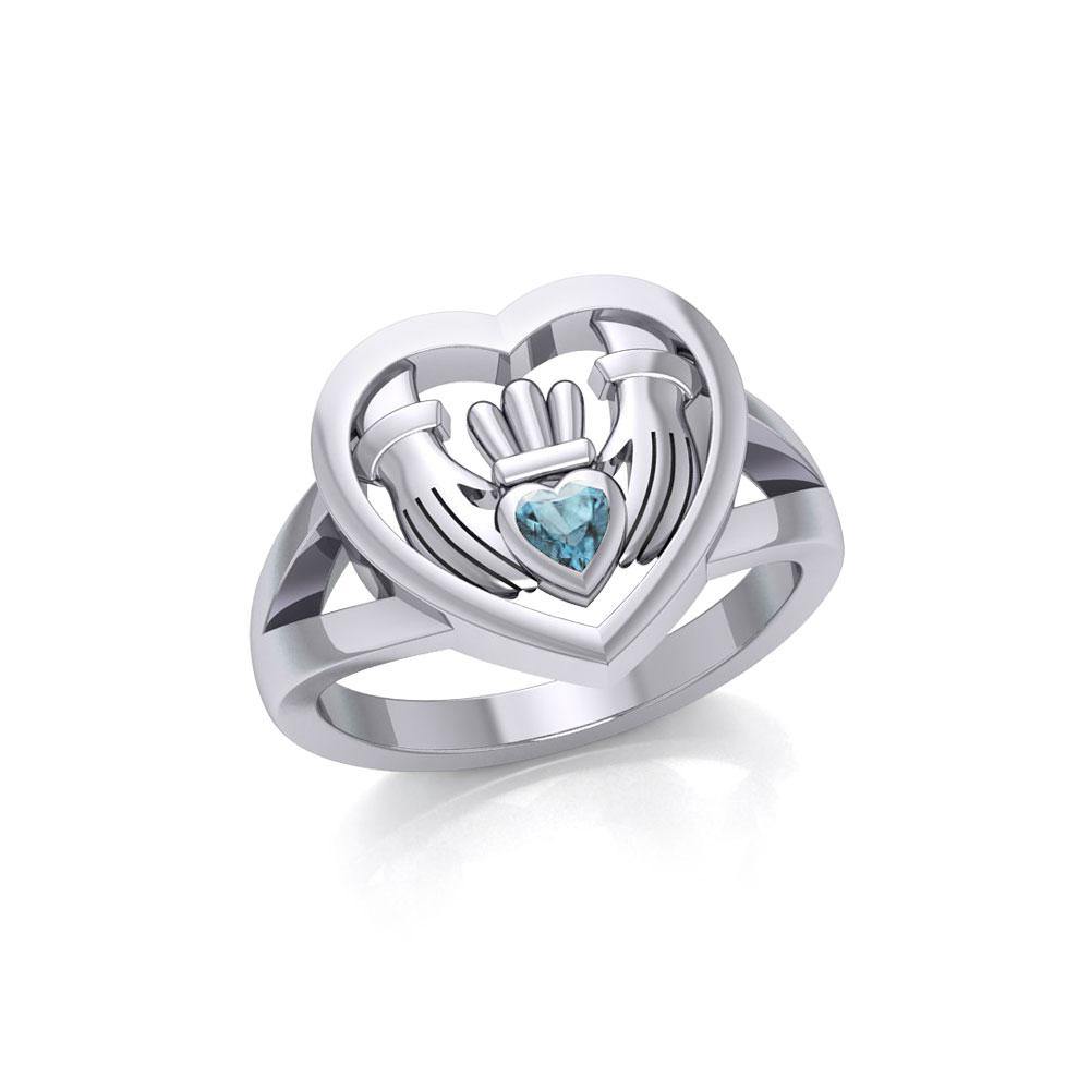 Claddagh in Heart Silver Ring with Gemstone TRI1933 Ring