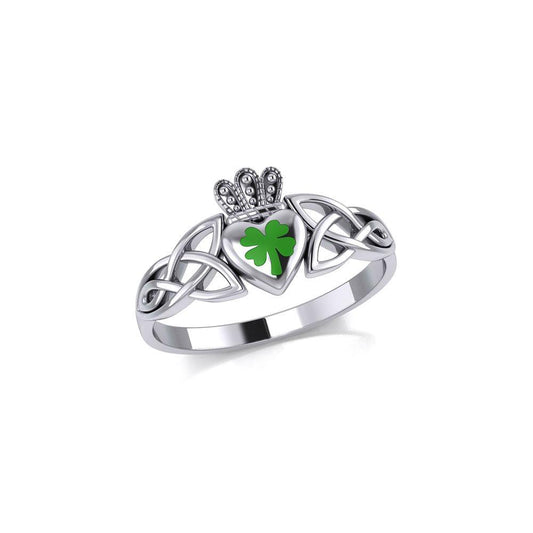 Celtic Claddagh with Lucky Four Leaf Clover Silver Ring with Enamel TRI1937 Ring