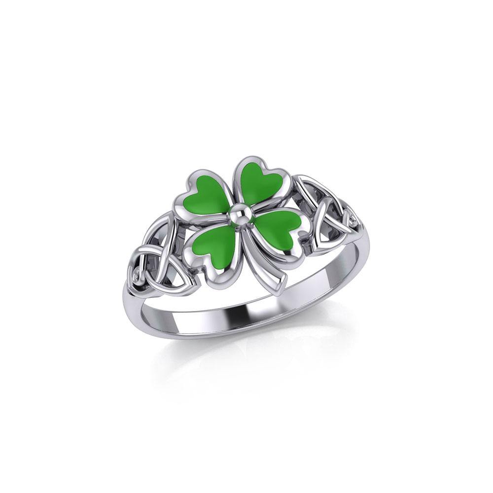 Celtic with Lucky Four Leaf Clover Silver Ring with Enamel TRI1938 Ring