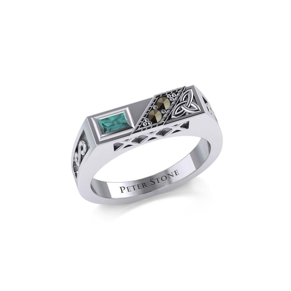 Celtic Trinity Knot Silver Rectangle Band Ring with Gemstones TRI1955 Ring