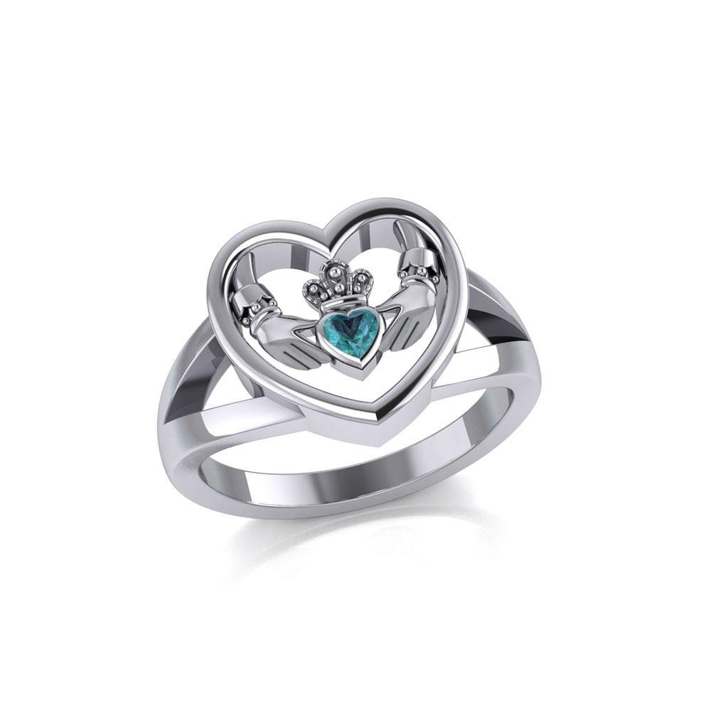 Claddagh in Heart Silver Ring with Gemstone TRI1992 Ring