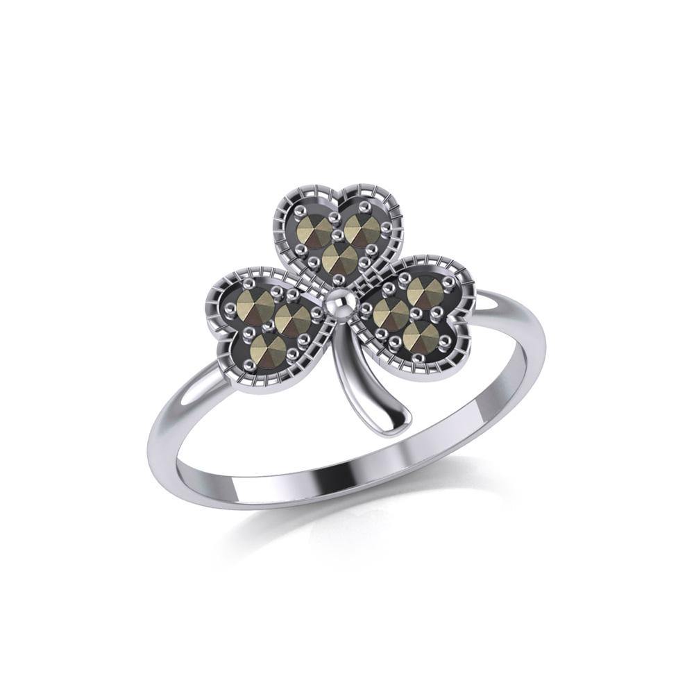 A young spring of luck and happiness Silver Celtic Shamrock Ring with Marcasite TRI2029 Ring