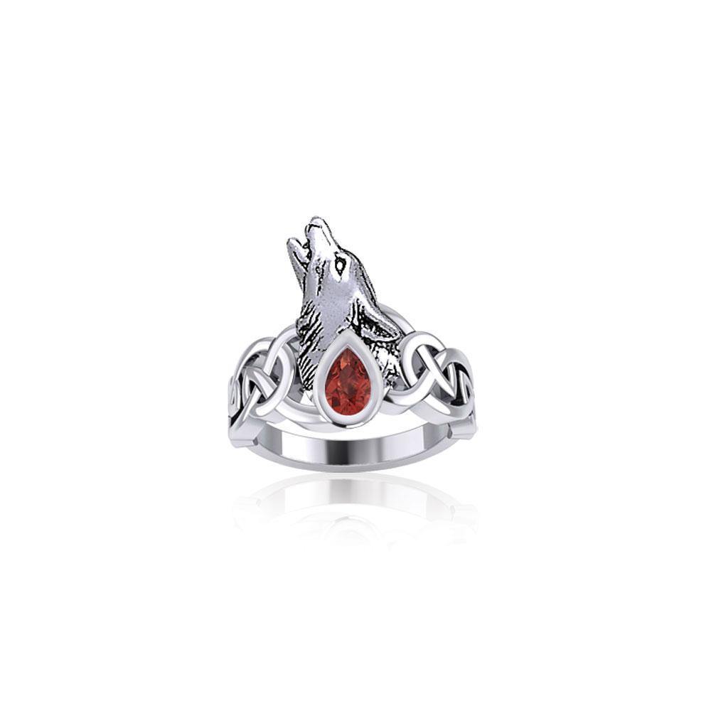 Celtic Howling Wolf Silver Ring with Gem TRI2167 - Wholesale Jewelry