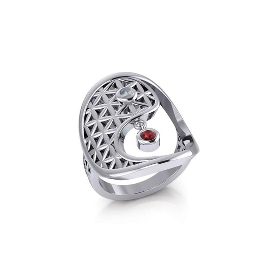 Yin Yang Flower of Life Silver Ring with Gem TRI2169 - Wholesale Jewelry