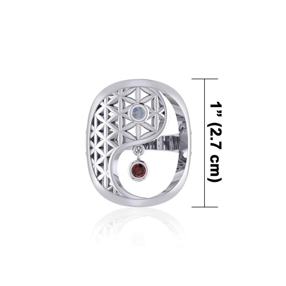 Yin Yang Flower of Life Silver Ring with Gem TRI2169 - Wholesale Jewelry