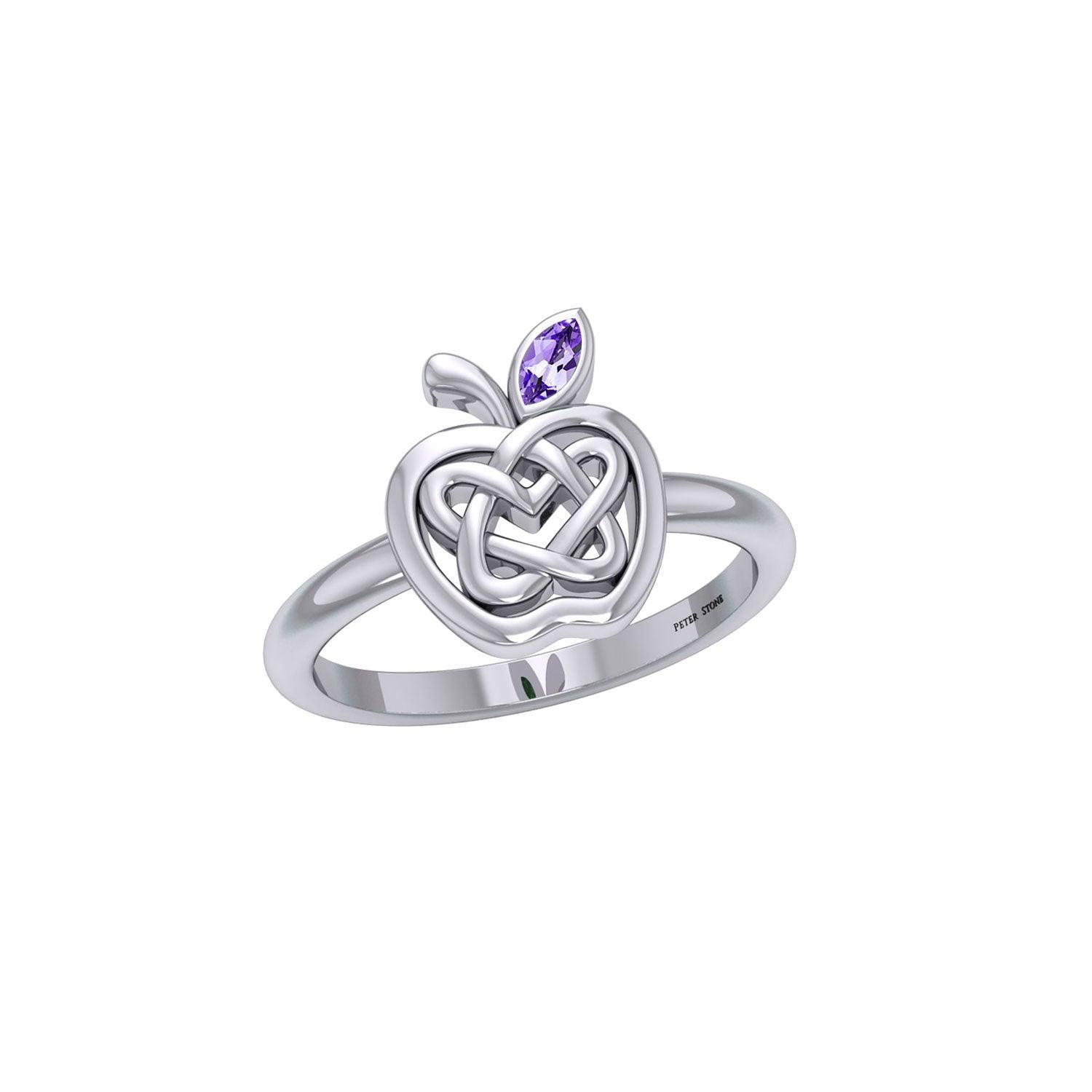 Celtic Spiritual Fruit Apple with Double Heart Silver Ring with Gemstone TRI2277 - peterstone.dropshipping
