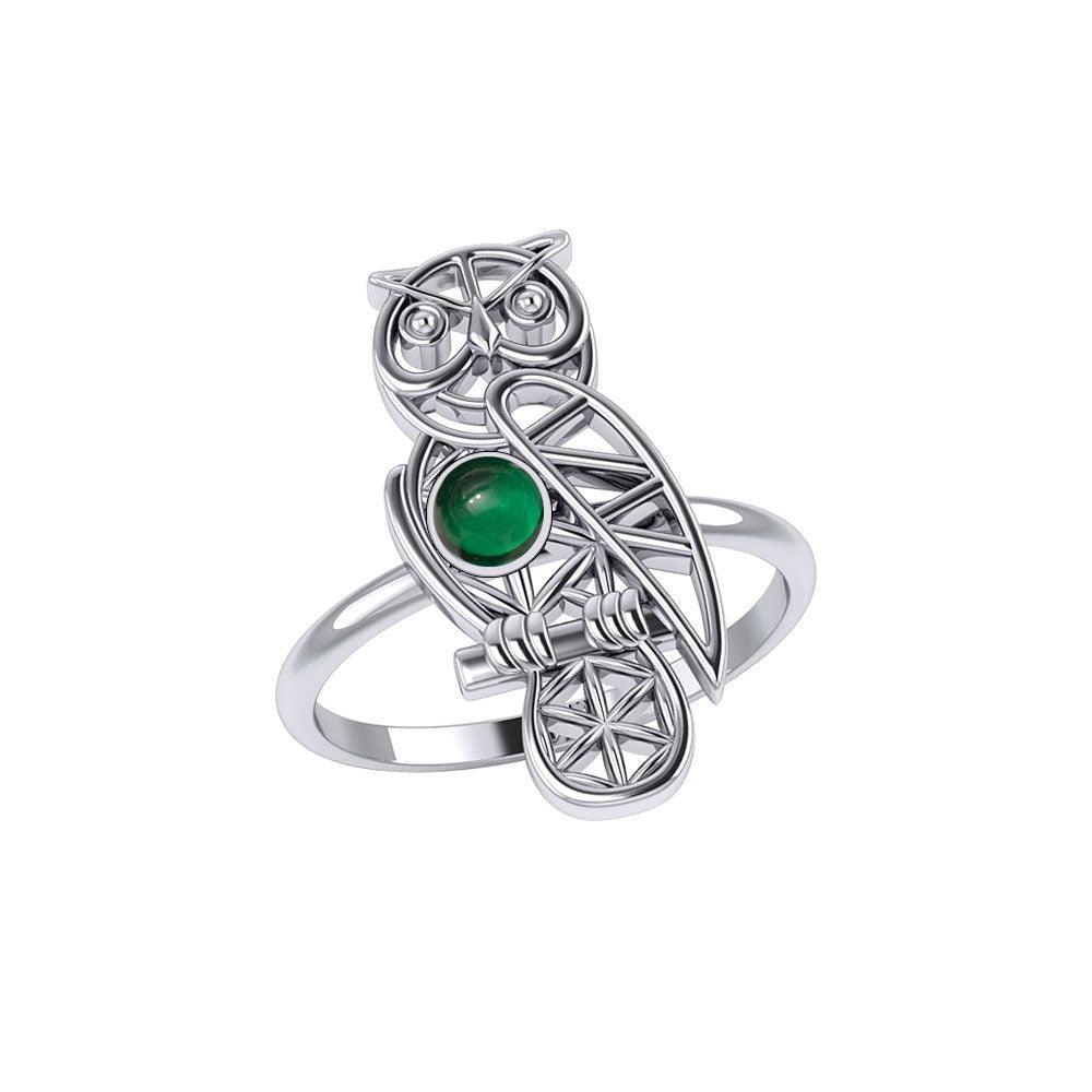 Silver Flower of Life Owl Ring With Gemstone TRI2407 - peterstone.dropshipping