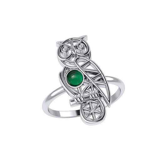 Silver Flower of Life Owl Ring With Gemstone TRI2407 - peterstone.dropshipping