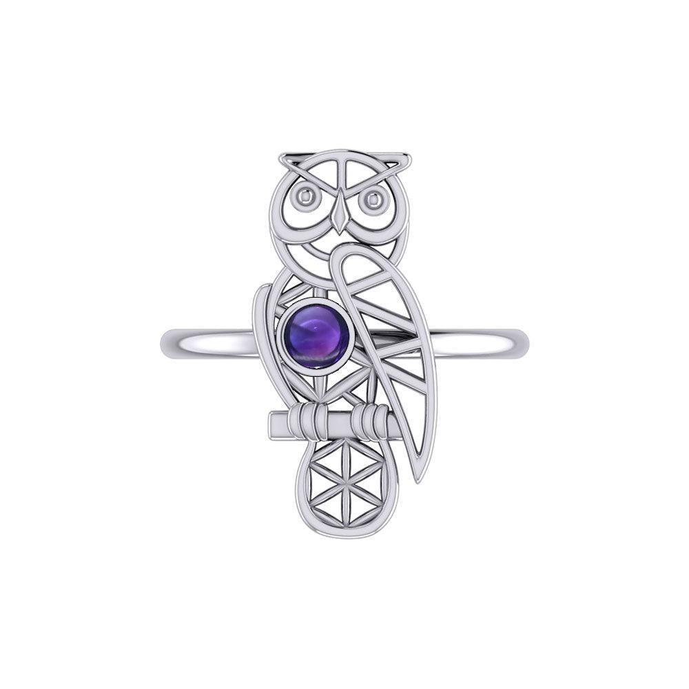 Silver Flower of Life Owl Ring With Gemstone TRI2407 - peterstone.dropshipping