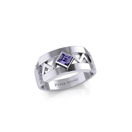 The Modern Zigzag Silver Band Ring with Square Gemstone NA Symbol TRI2438 - peterstone.dropshipping