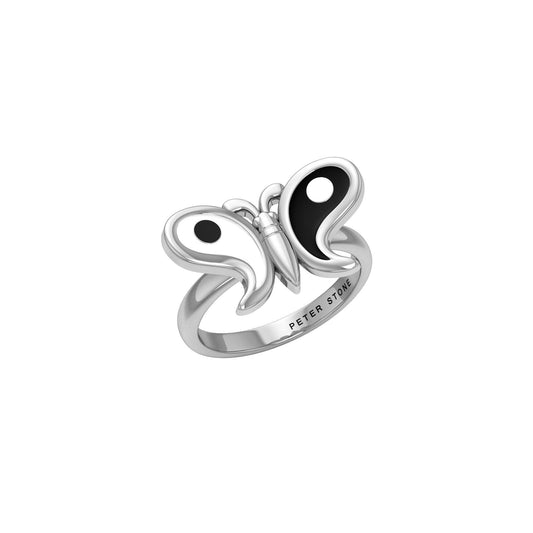 Harmony and Balance Sterling Silver Yin Yang Butterfly Ring by Peter Stone Jewelry TRI2477 - peterstone.dropshipping