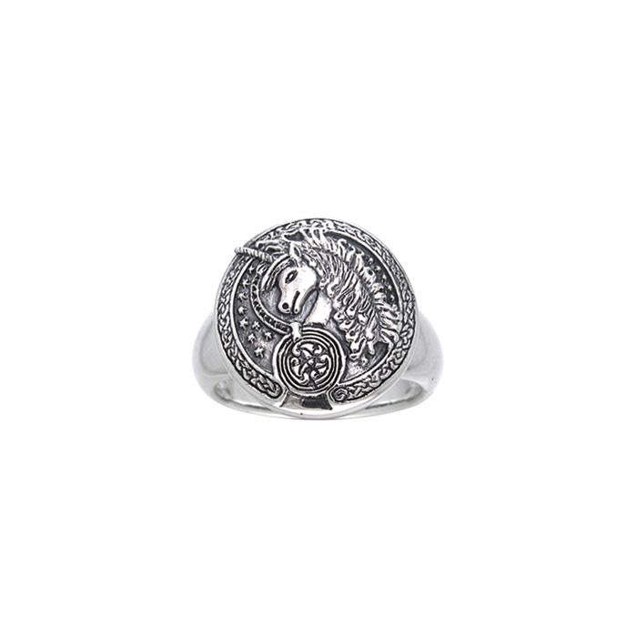 Engraved Celtic Unicorn Silver Ring TRI249