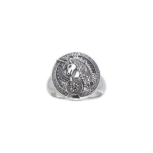 Engraved Celtic Unicorn Silver Ring TRI249