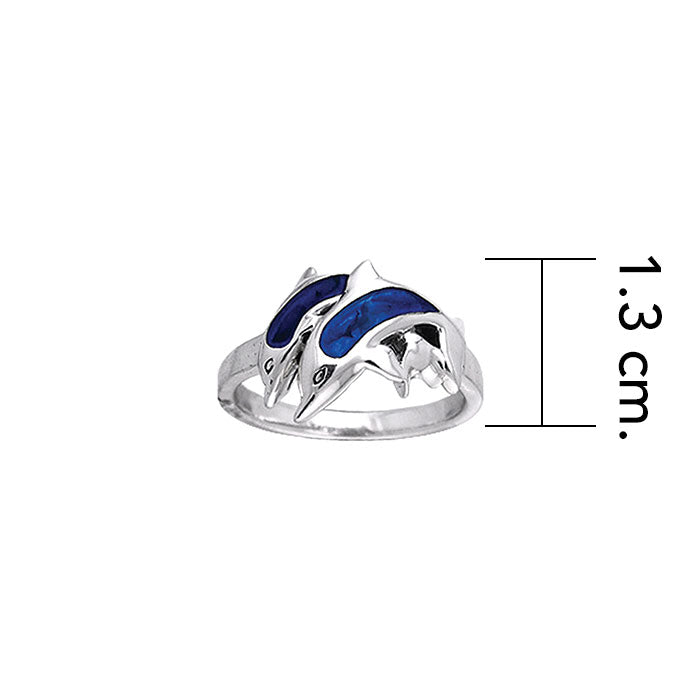 Silver and Paua Shell Twin Dolphins Ring TRI250