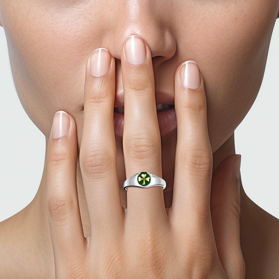 Shamrock Sterling Silver with Gold Accent Ring with Green Enamel TRV3686 - peterstone.dropshipping
