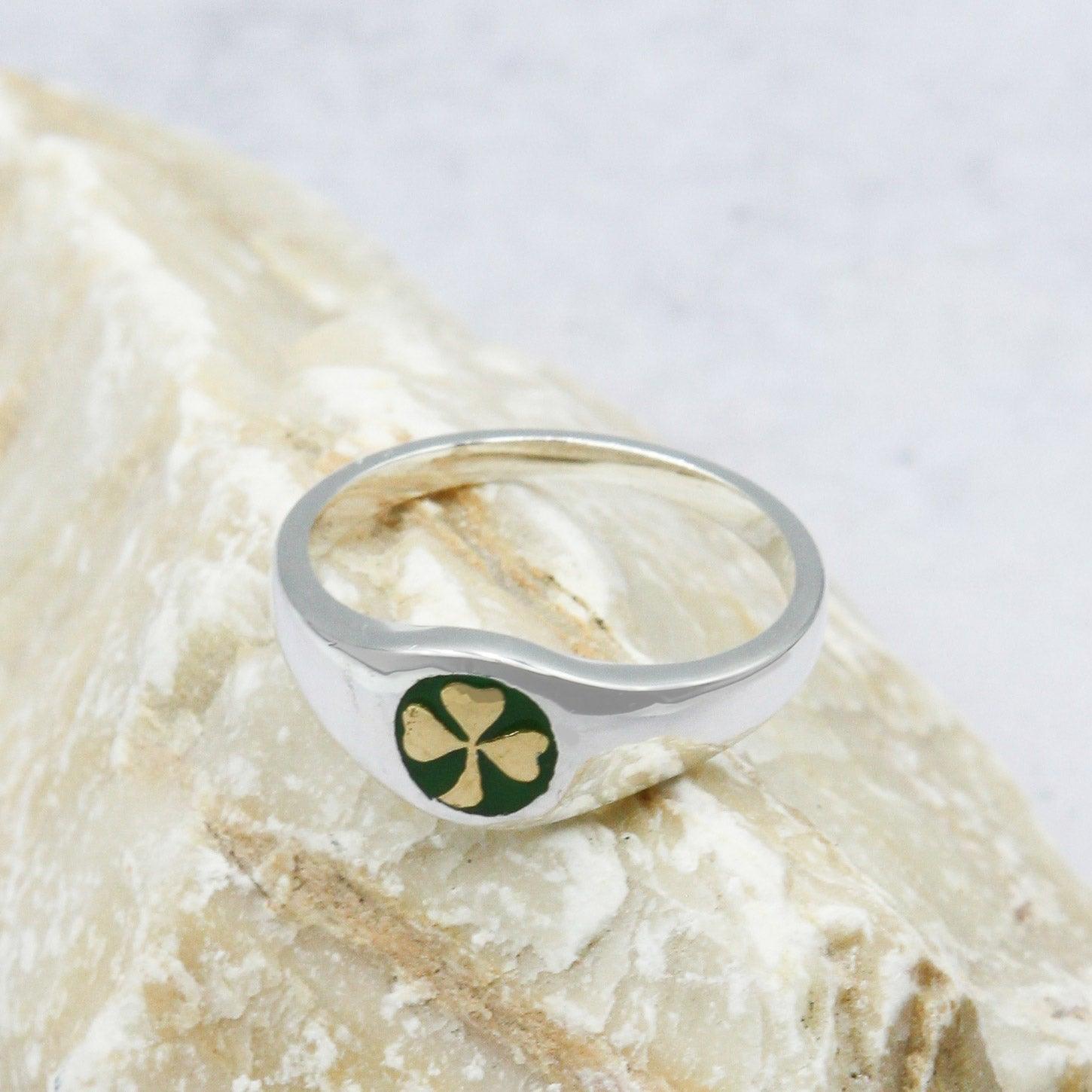 Shamrock Sterling Silver with Gold Accent Ring with Green Enamel TRV3686 - peterstone.dropshipping