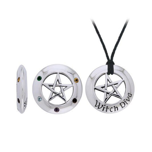 Witch Diva Seven Pointed Star with Gemstones Silver Pendant Set TSE430
