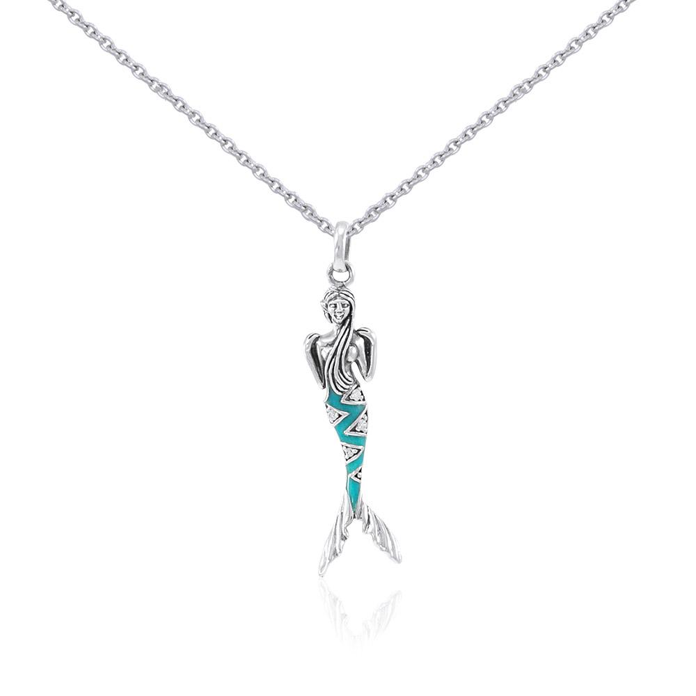 Silver Mermaid with Enamel and Gemstone Pendant and Chain Set TSE740 - Peter Stone Wholesale