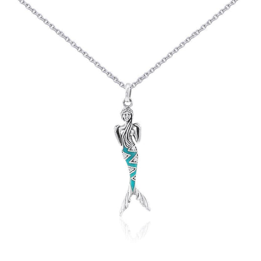 Silver Mermaid with Enamel and Gemstone Pendant and Chain Set TSE740 - Peter Stone Wholesale