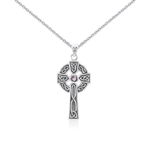 Large Silver Celtic Cross Gemstone Pendant and Chain Set TSE752 - Peter Stone Wholesale