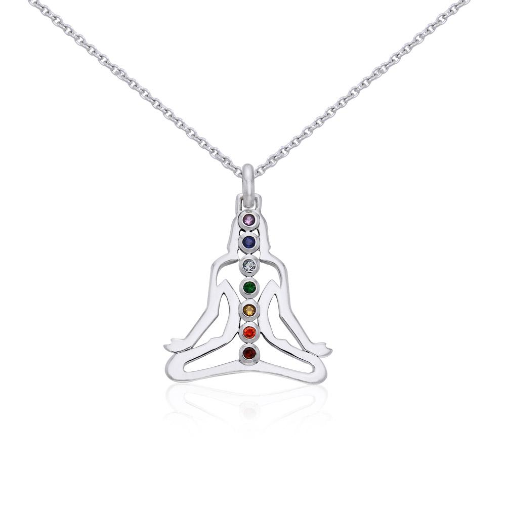 Silver Meditation Silhouette Chakra Gemstone Pendant and Chain Set TSE776 - Peter Stone Wholesale