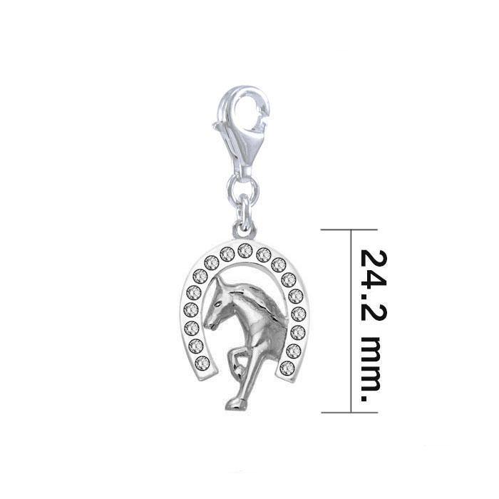 Horseshoe and Running Horse with Gems Silver Clip Charm TWC164 - Wholesale Jewelry