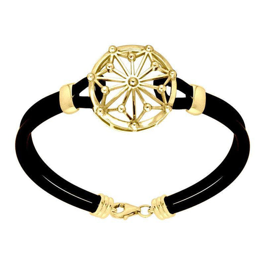 Round Tetragram Energy Symbol Gold Vermeil Plate on Silver Medallion Rubber Bracelet VBL270 - peterstone.dropshipping
