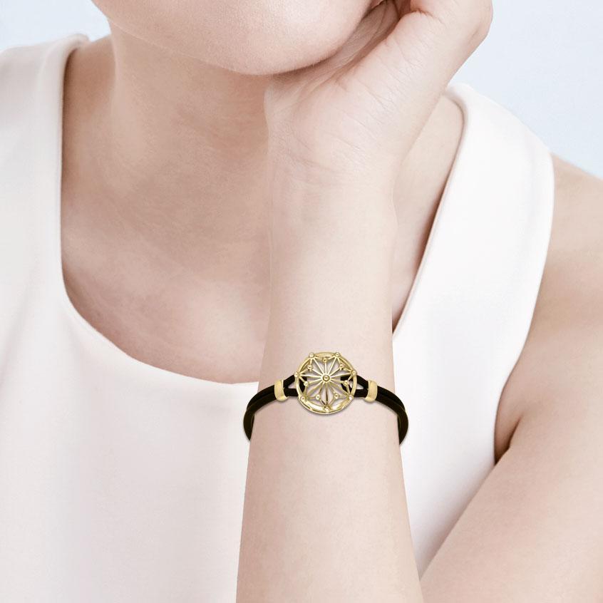 Round Tetragram Energy Symbol Gold Vermeil Plate on Silver Medallion Rubber Bracelet VBL270 - peterstone.dropshipping