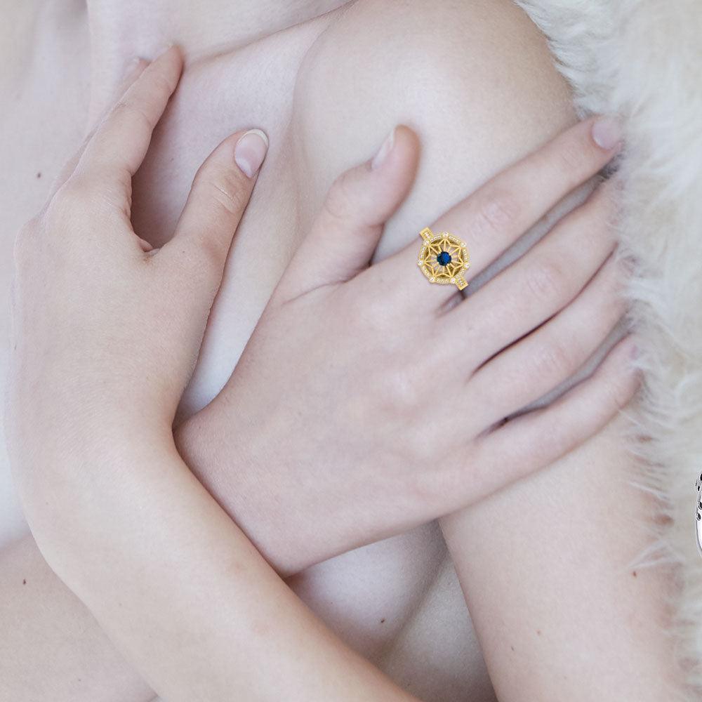 Round Tetragram Energy Symbol Gold Vermeil Plate on Silver Ring with Gemstone VRI1148 - peterstone.dropshipping