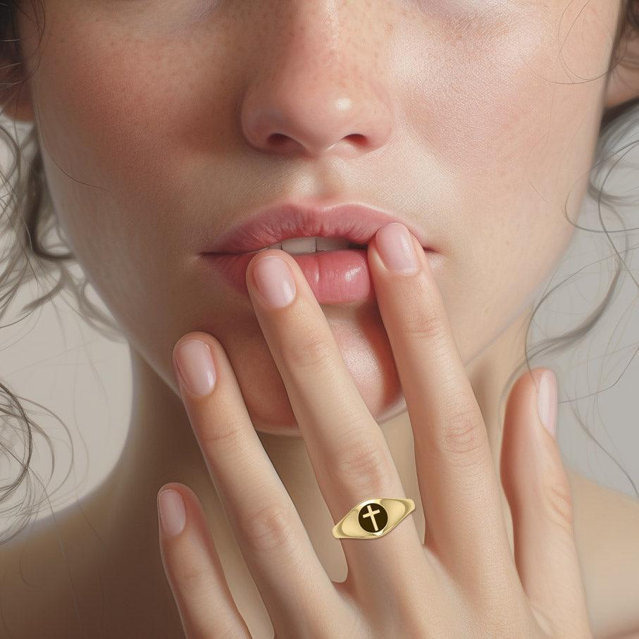 Spiritual Elegance Sterling Silver With 14K Vermeil Plate Faith Cross Women Ring with Black Accent by Peter Stone Jewelry VRI2474 - peterstone.dropshipping