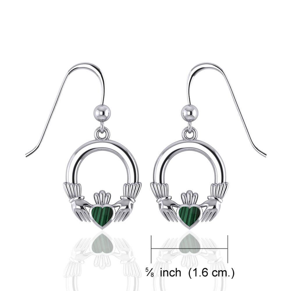Irish Claddagh with Malachite Inlay Sterling Silver Earrings WE142 Earrings