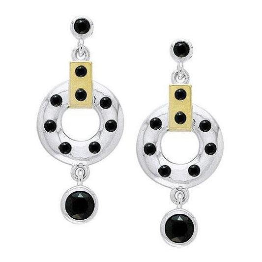 Black Magic Circle & Black Spinel Silver & Gold Earrings MER384 - Wholesale Jewelry