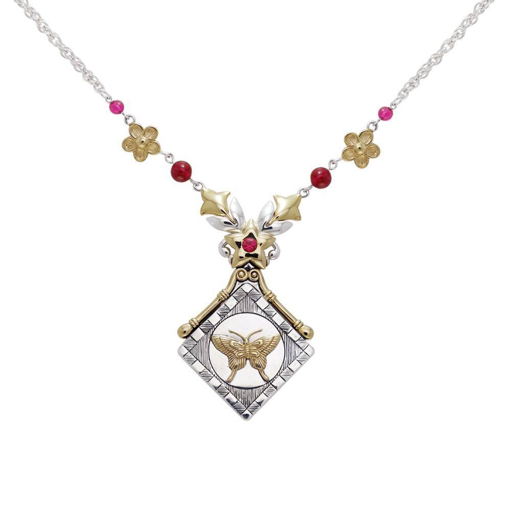 Butterfly, Flowers & Gems Silver and Gold Necklace MNC112 Necklace