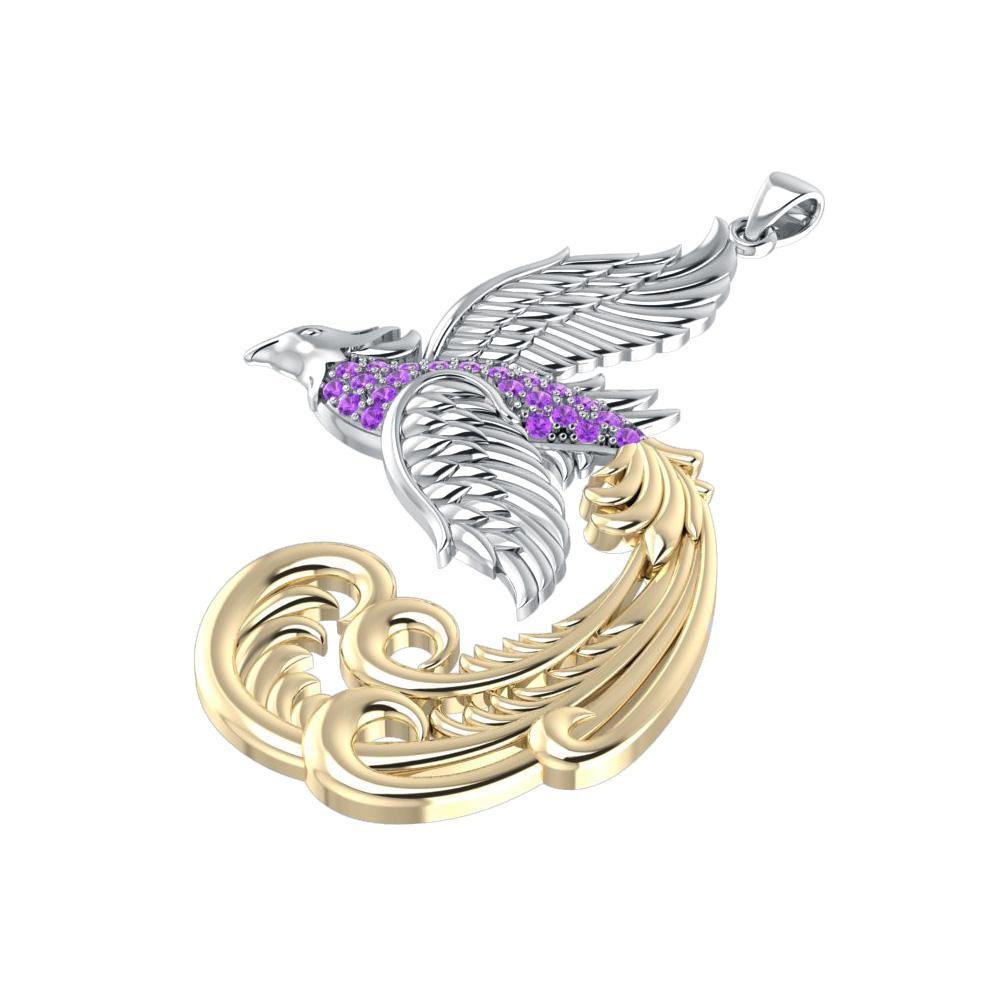 Multifaceted and Alighting Phoenix ~ Sterling Silver Jewelry Pendant with 14k Gold and Gems Accents MPD2917 Pendant