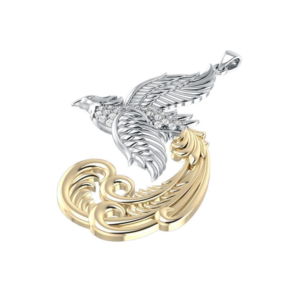 Multifaceted and Alighting Phoenix ~ Sterling Silver Jewelry Pendant with 14k Gold and Gems Accents MPD2917 Pendant
