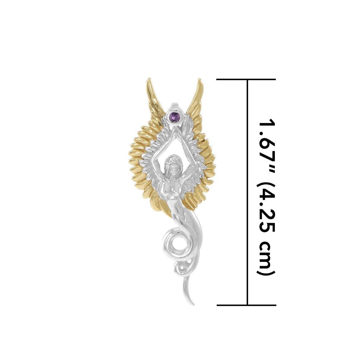 Captured by the Grace of the Angel Phoenix ~ Silver and 18K Gold Accent Jewelry Pendant with Amethyst MPD3266 Pendant