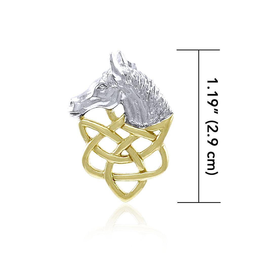 A symbolism of power, grace, and strength ~ Celtic Knotwork Horse Head Sterling Silver Pendant with 14k Gold accent MPD360 Pendant