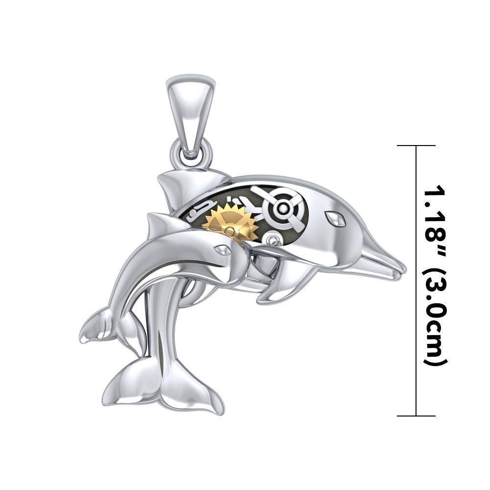 Gentle dolphins in steampunk ~ Sterling Silver Jewelry Pendant with 14k Gold Accent Pendant