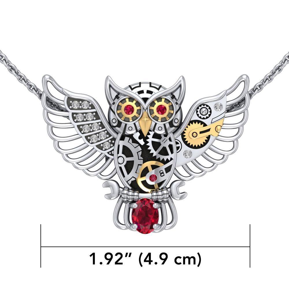 Steampunk Owl Silver and Gold Pendant with Gemstone MPD5070 Pendant