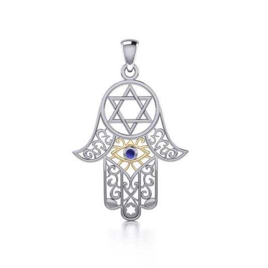 Hamsa Silver and Gold Pendant with Gemstone MPD5079-Sapphire Pendant