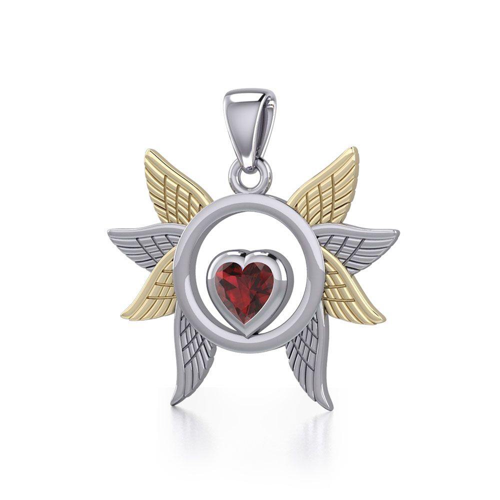 Spreading Angel Wings Silver and 14K Gold Plate Pendant with Gemstone MPD5289 Pendant