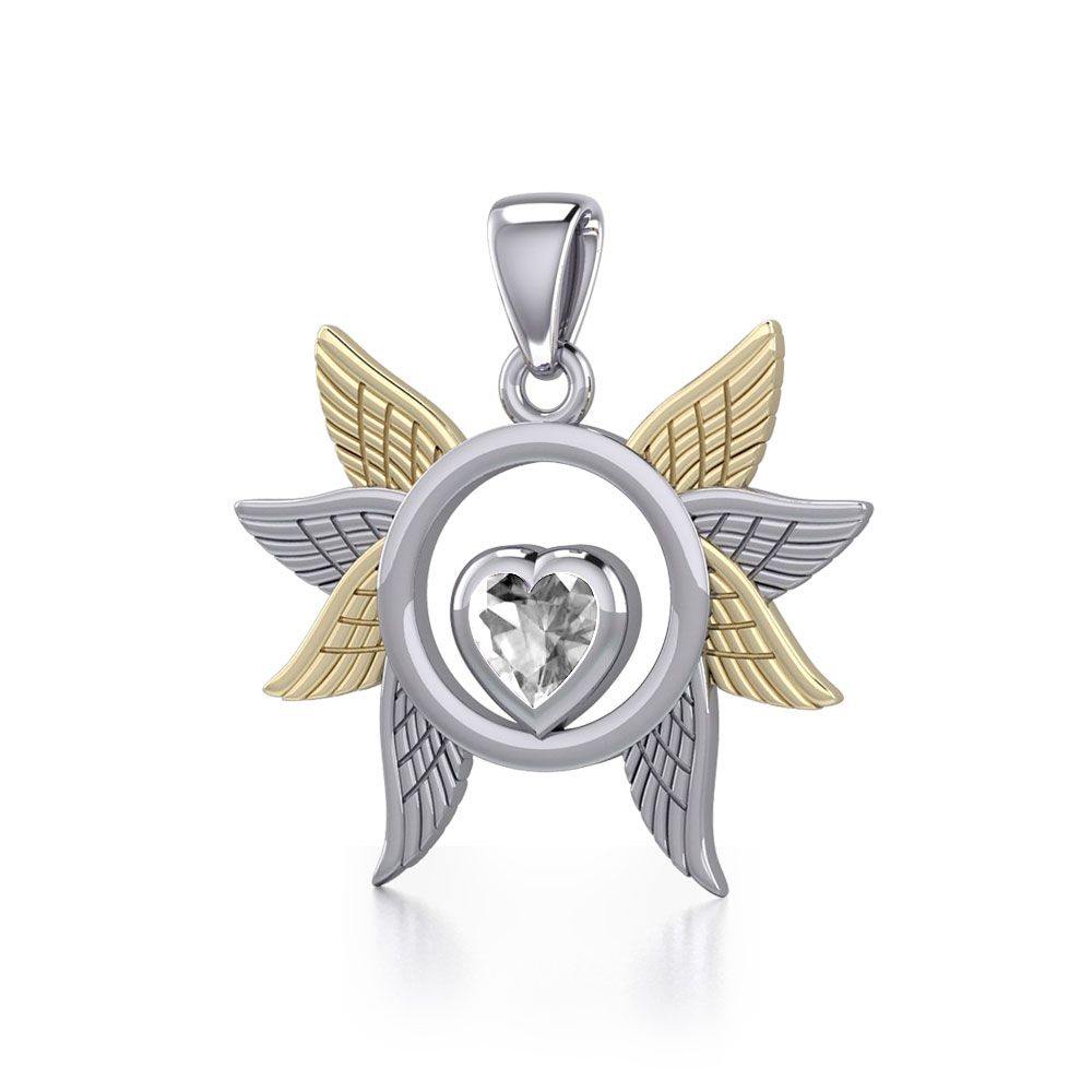 Spreading Angel Wings Silver and 14K Gold Plate Pendant with Gemstone MPD5289 Pendant