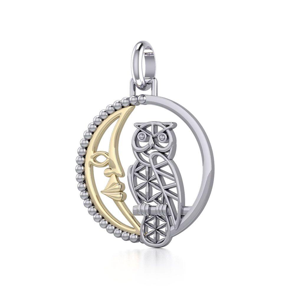 Silver Flower of Life Owl on The Golden Crescent Moon Pendant MPD5301 Pendant