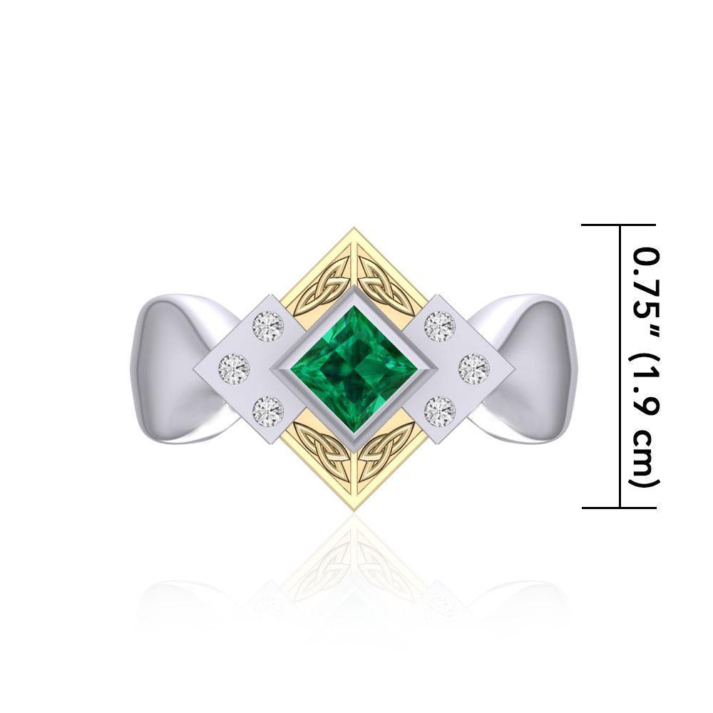 Adorned by the spiritual power of three ~ Celtic Trinity Knot Sterling Silver Ring with 18k Gold accent and Emerald and White Cubic Zirconia Gemstones MRI353 Ring
