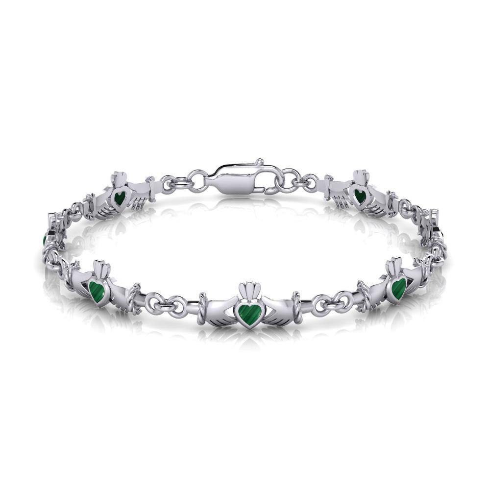 The gift of love, friendship, and loyalty for a lifetime ~ Celtic Knotwork Irish Claddagh Sterling Silver Link Bracelet with Gemstone Bracelet